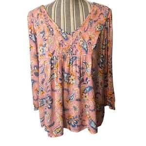 DR2 Top XXL Plus Size Pink Floral V-Neck Blouse Blue Yellow Peasant Cottagecore
